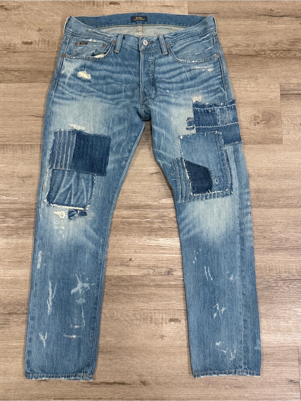 Polo Ralph Lauren Sullivan Slim Patchwork Distressed Blue Jeans Repaired 32x30